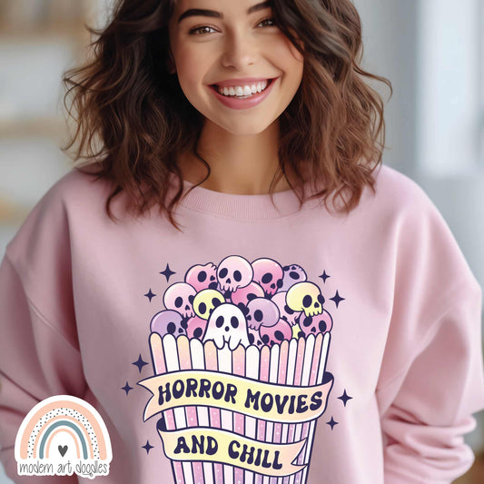 Horror Movies and Chill Pastel Halloween Sweater Unisex Heavy Blend™ Crewneck Sweatshirt