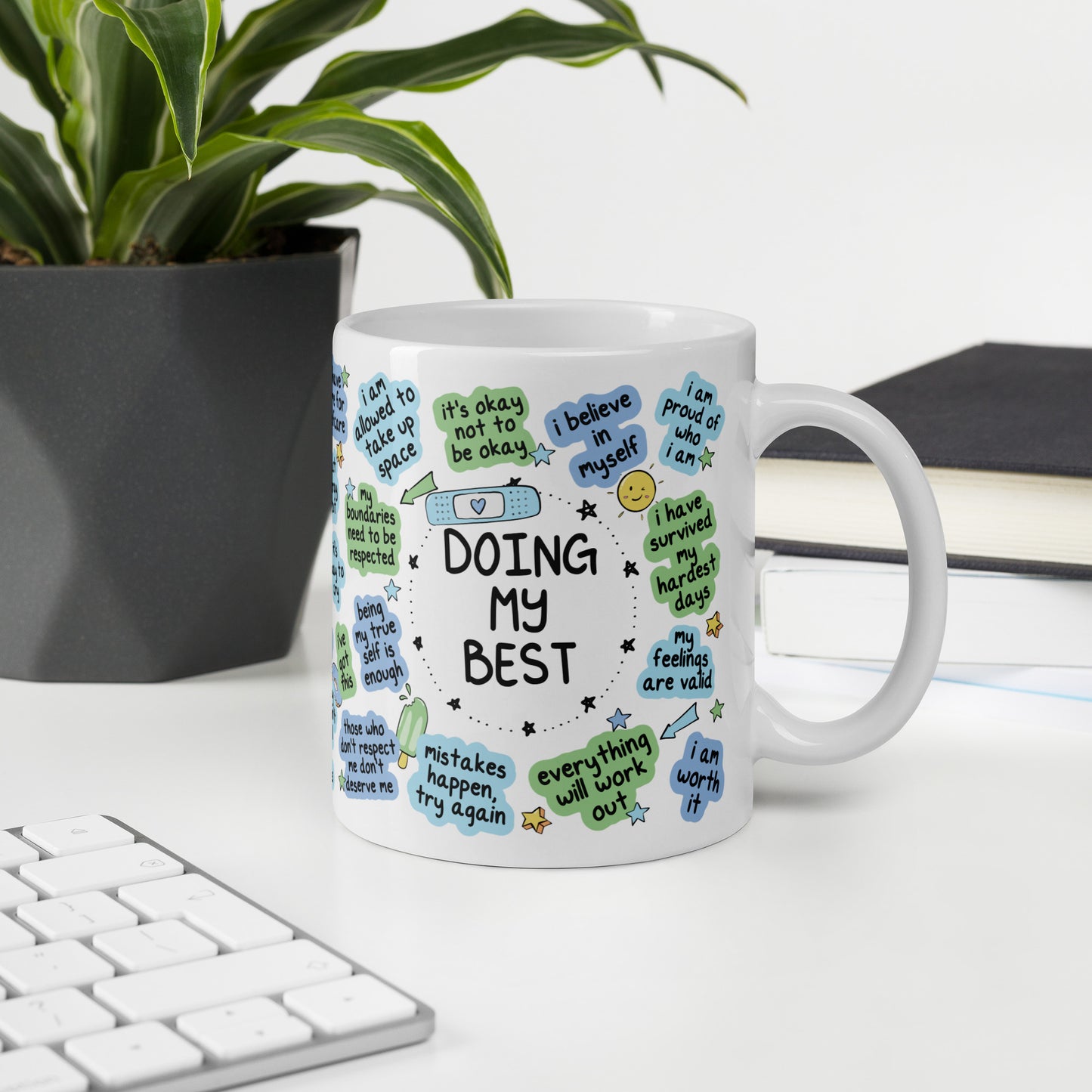 Doing My Best Blue/Green Tixee White glossy mug