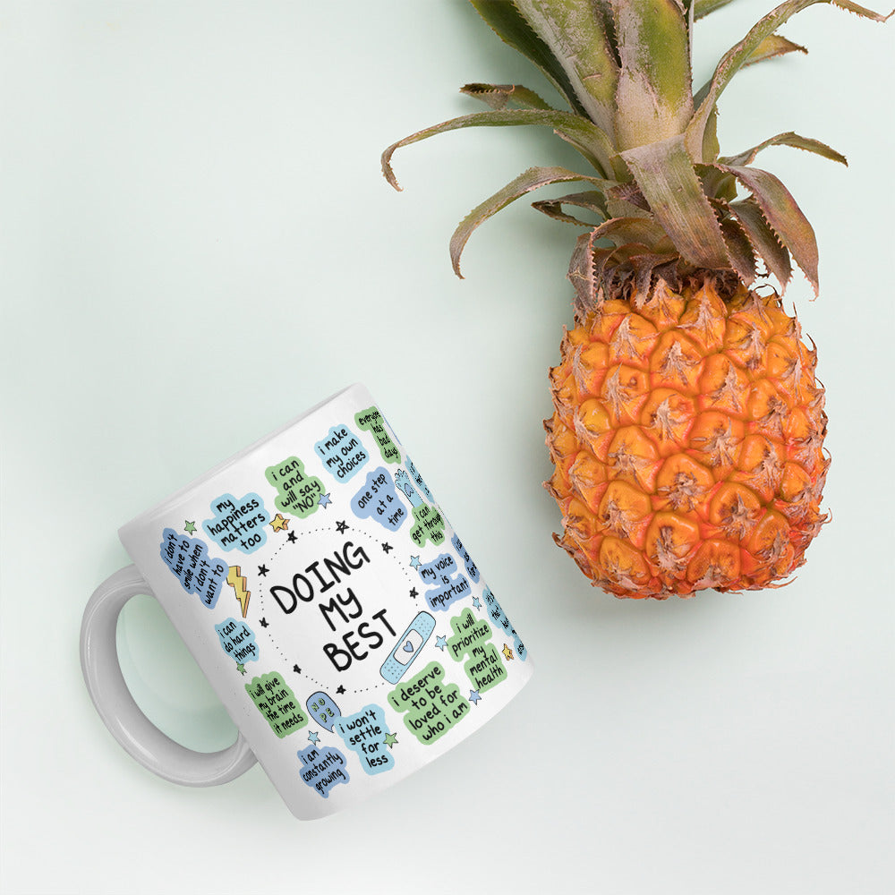 Doing My Best Blue/Green Tixee White glossy mug