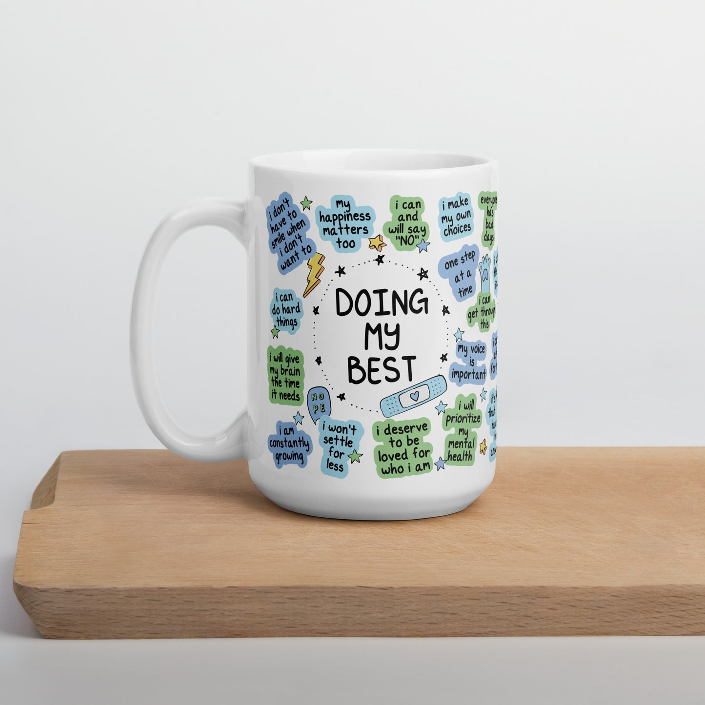 Doing My Best Blue/Green Tixee White glossy mug
