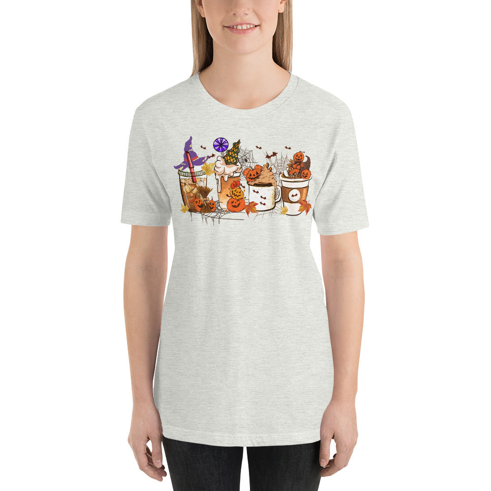 Pumpkin Coffee and Lattes Witches and Bats Halloween Vibes Unisex t-shirt