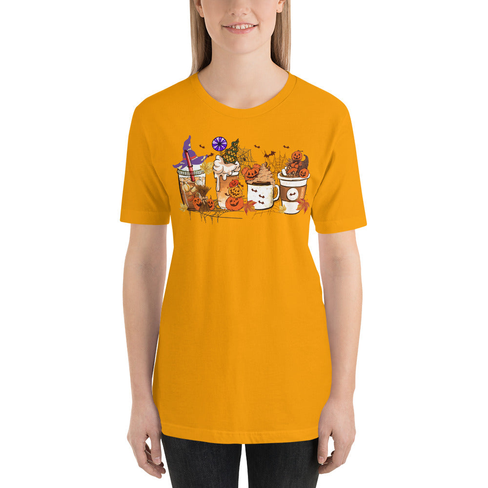 Pumpkin Coffee and Lattes Witches and Bats Halloween Vibes Unisex t-shirt