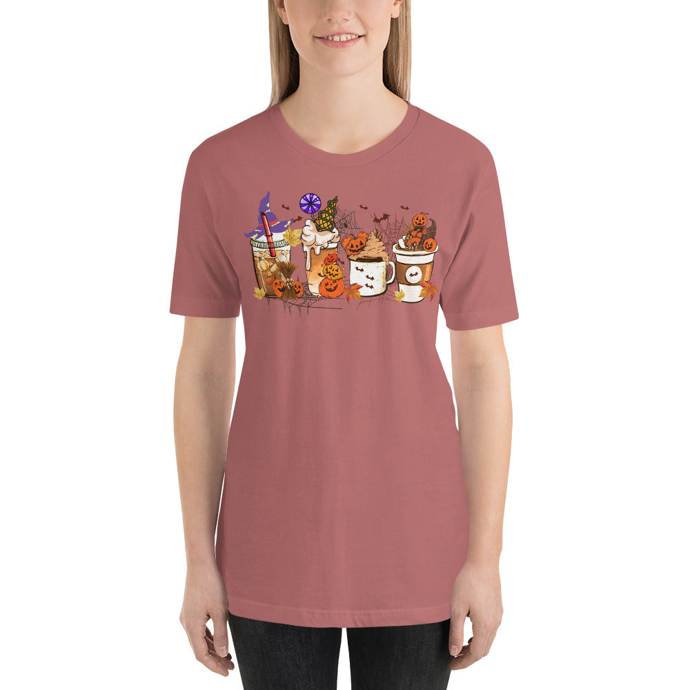 Pumpkin Coffee and Lattes Witches and Bats Halloween Vibes Unisex t-shirt