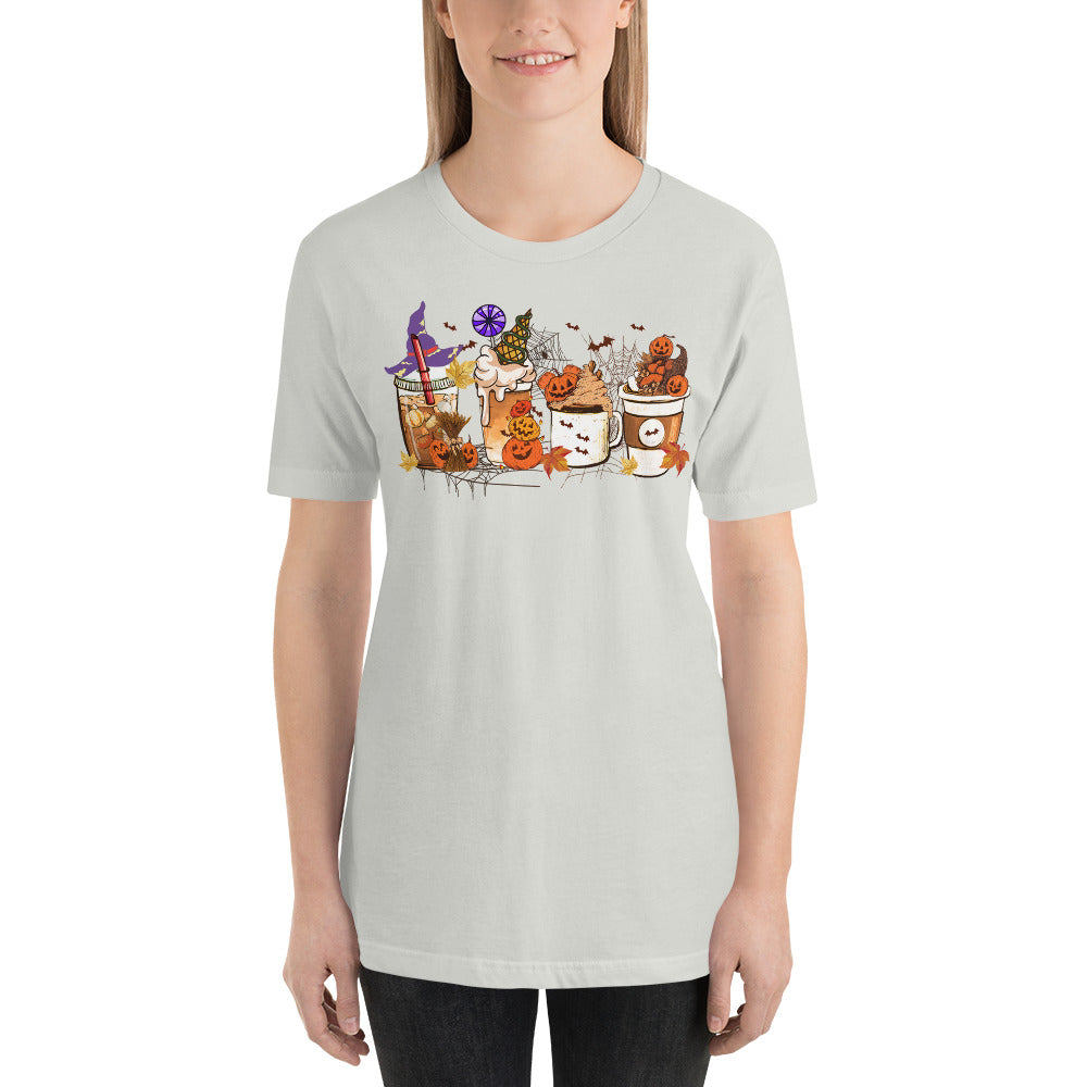 Pumpkin Coffee and Lattes Witches and Bats Halloween Vibes Unisex t-shirt