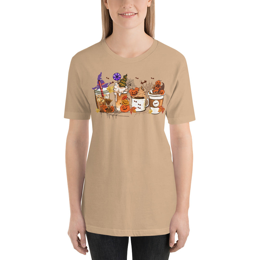 Pumpkin Coffee and Lattes Witches and Bats Halloween Vibes Unisex t-shirt