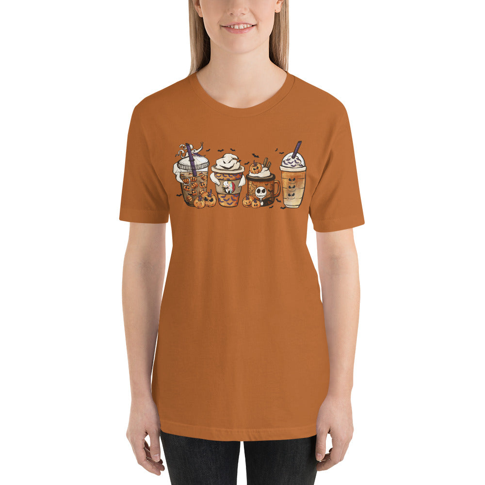 Pumpkin Skeleton Coffee and Lattes Halloween Unisex t-shirt