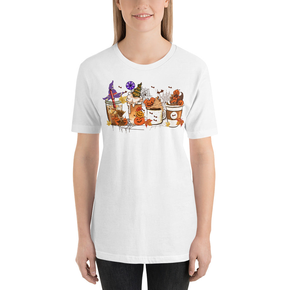 Pumpkin Coffee and Lattes Witches and Bats Halloween Vibes Unisex t-shirt