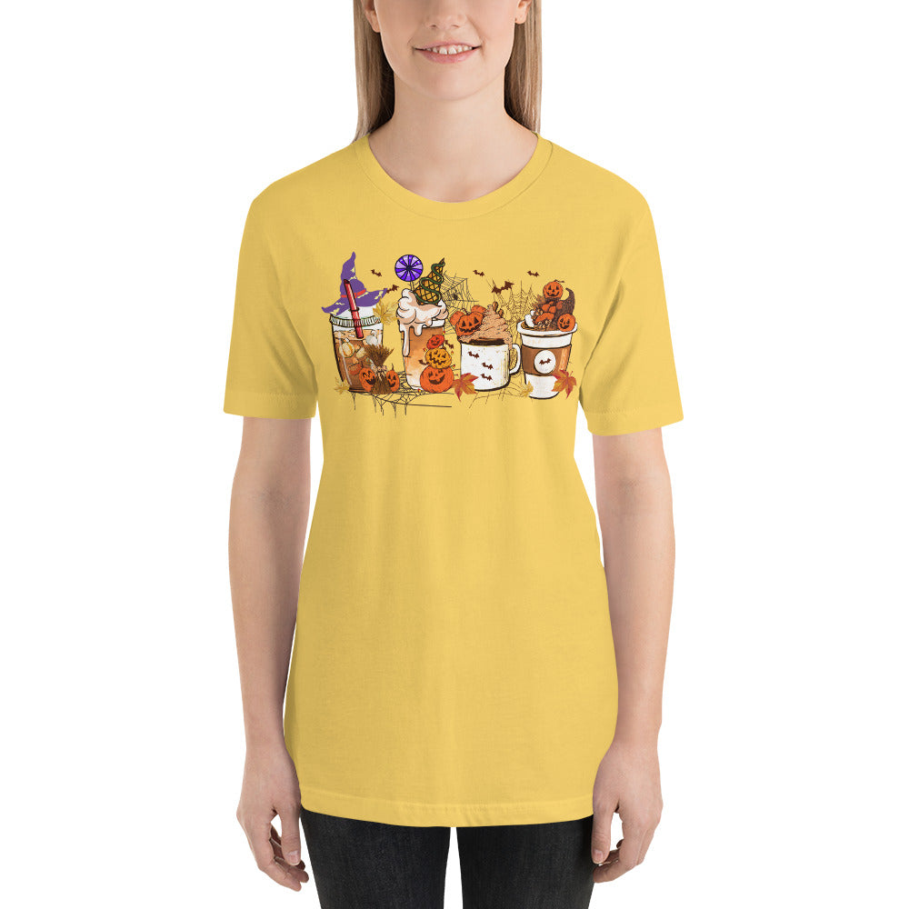Pumpkin Coffee and Lattes Witches and Bats Halloween Vibes Unisex t-shirt