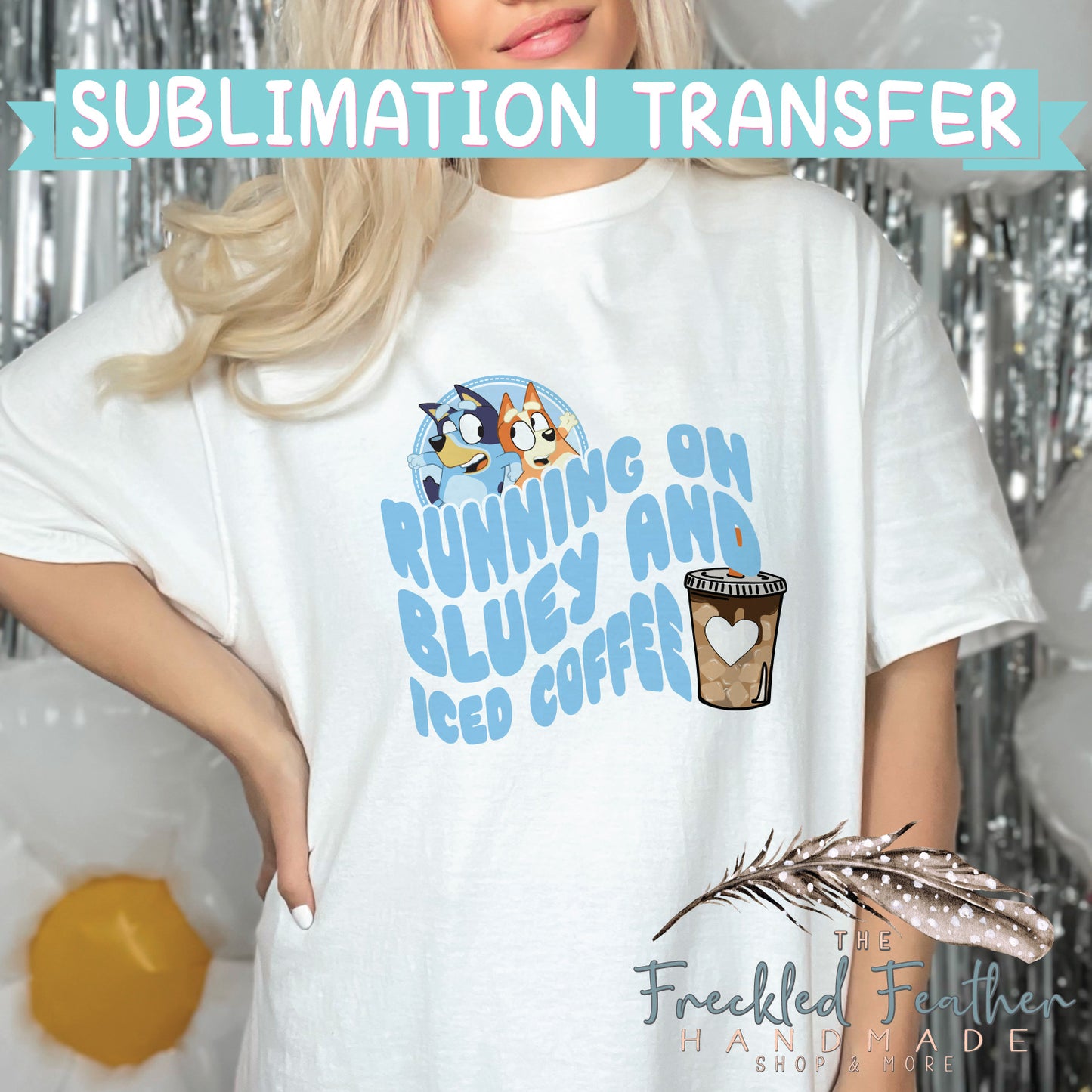 Running on Blue and Iced Coffee Sublimation Print - Ready to Press - Ready to Ship