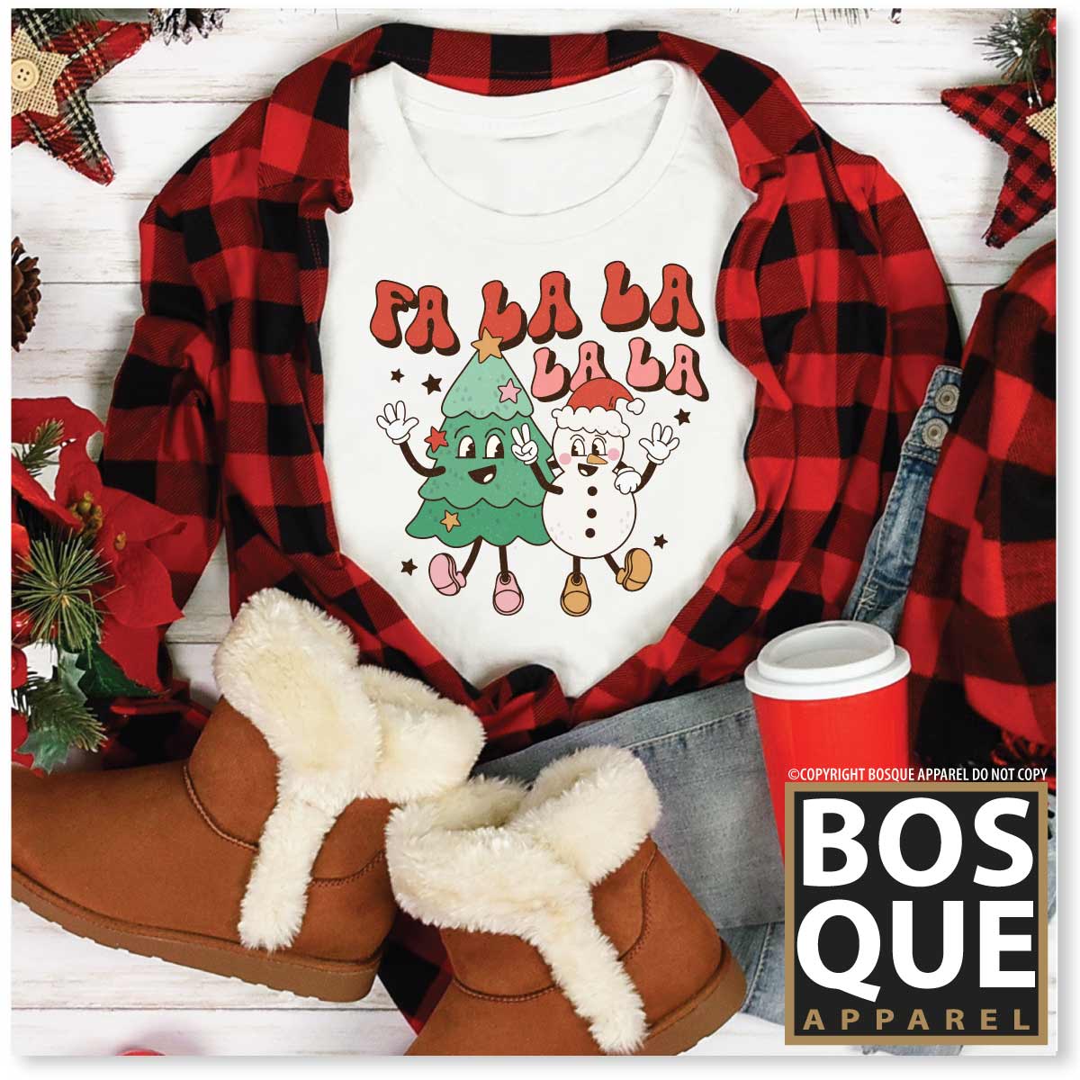 Fa La La Happy Tree and Snowman Retro Cartoon Christmas Holiday Unisex Premium Sweatshirt