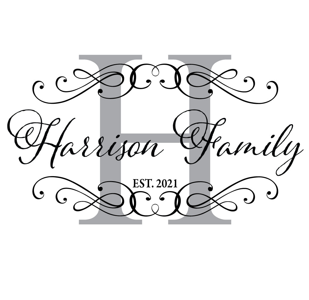 Custom Family Name Decal Personalized Last Name Wall Decal Established Date Monogram Swirl Design