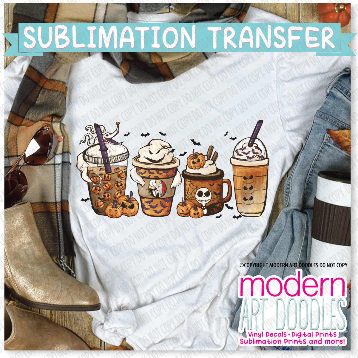 Pumpkin Skeleton Coffee and Lattes Halloween Sublimation Print - Ready to Press - Ready to Ship