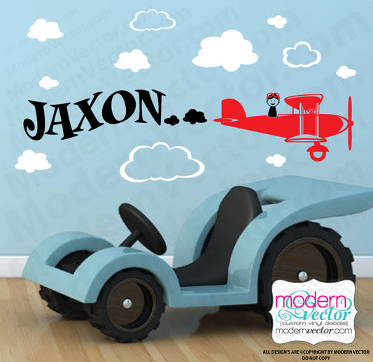 Boy Biplane and Character Personalized Vinyl Wall Decal