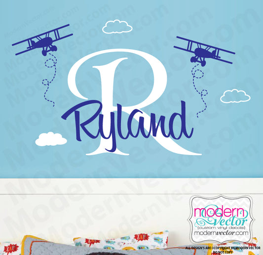 Biplane Personalized Name and Monogram Vinyl Wall Decal