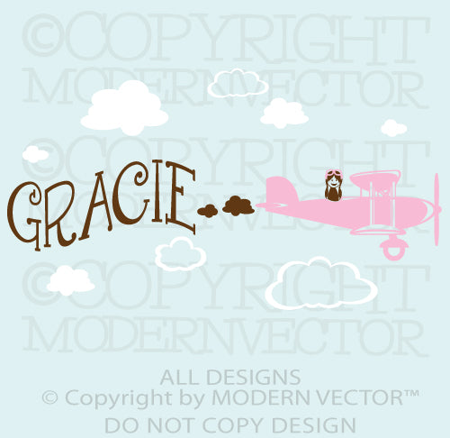 Girl Biplane and Character Personalized Vinyl Wall Decal