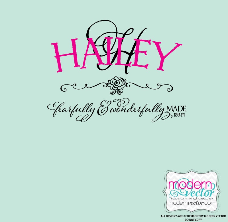 Fearfully and Wonderfully Made 139:14 Personalized Name and Monogram Vinyl Wall Decal