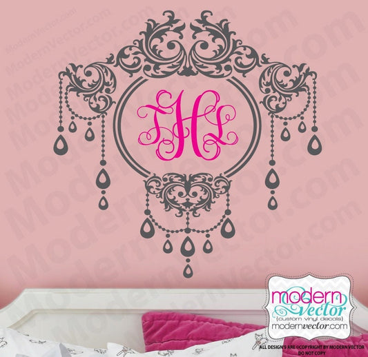 Chandelier Vine Script Personalized Name and Monogram Vinyl Wall Decal