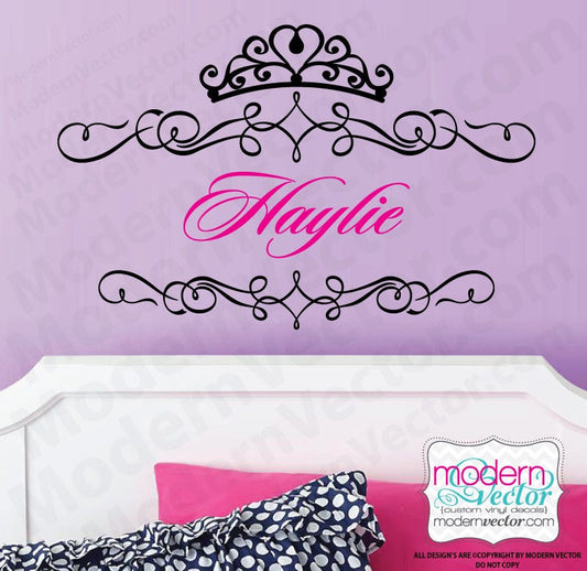 Princess Script Personalized Name and Monogram Vinyl Wall Decal