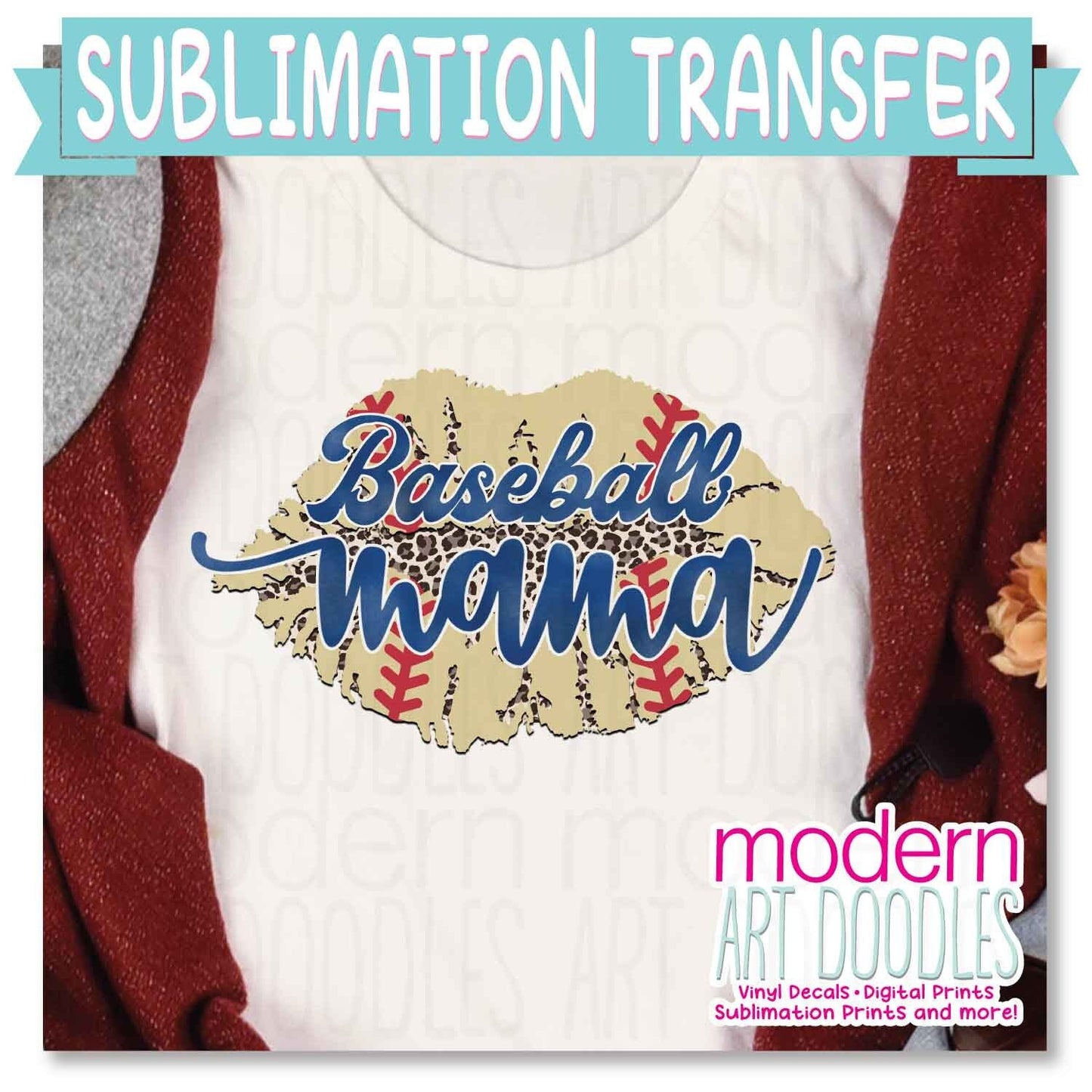 Baseball Mama Lips Leopard Print Fashion Sublimation Print - Ready to Press - Ready to Ship