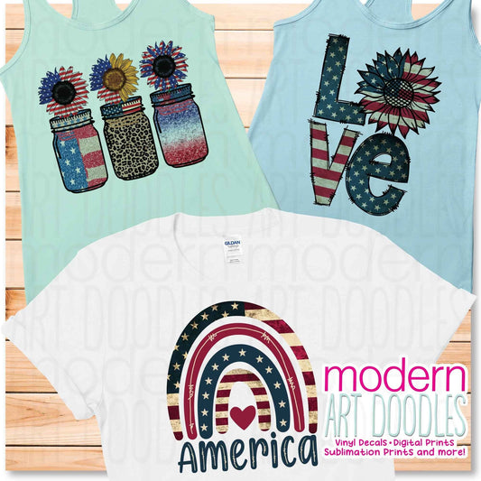 America Love Mason Jars 4th of July Patriotic Freedom Sublimation Print - Ready to Press - Ready to Ship
