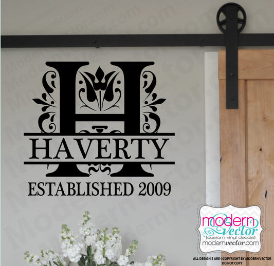 Custom Family Name Decal Personalized Last Name Wall Decal Established Date Flourish Letter Monogram