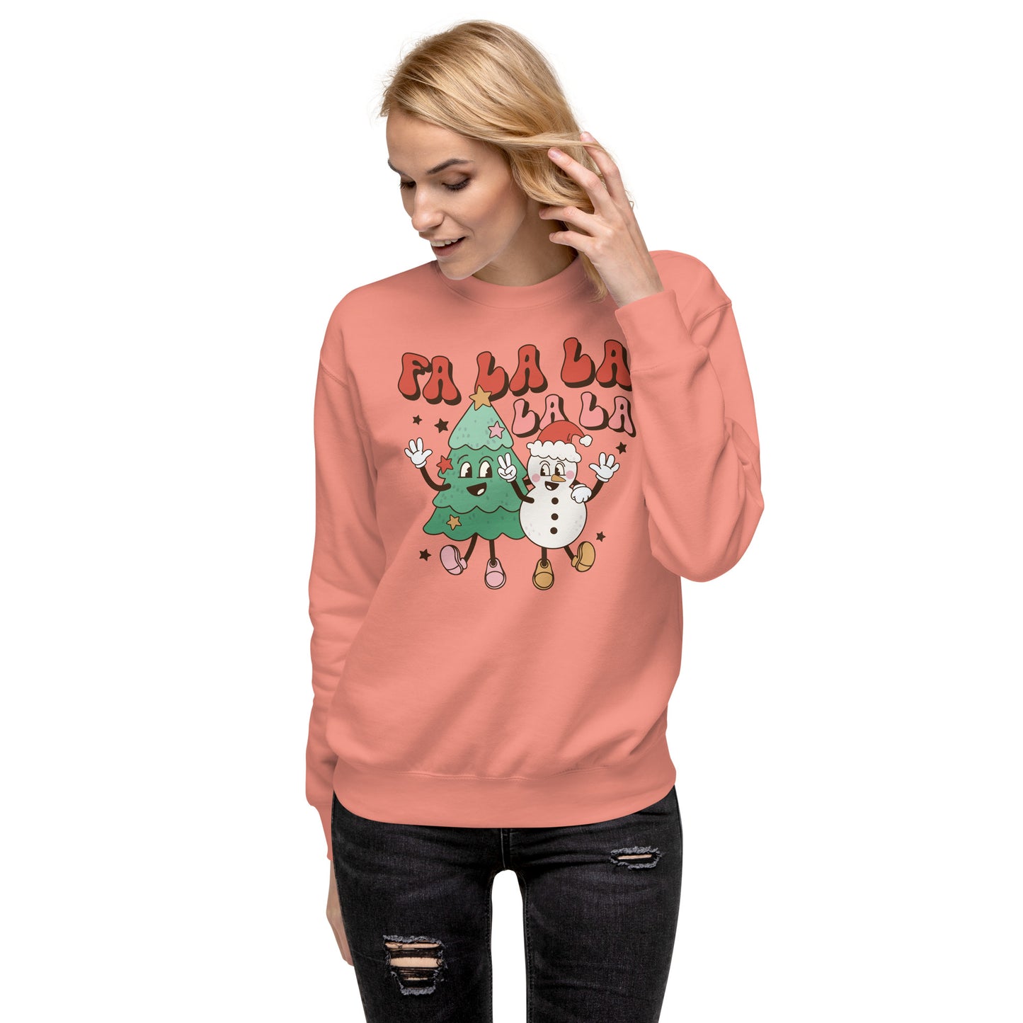 Fa La La Happy Tree and Snowman Retro Cartoon Christmas Holiday Unisex Premium Sweatshirt