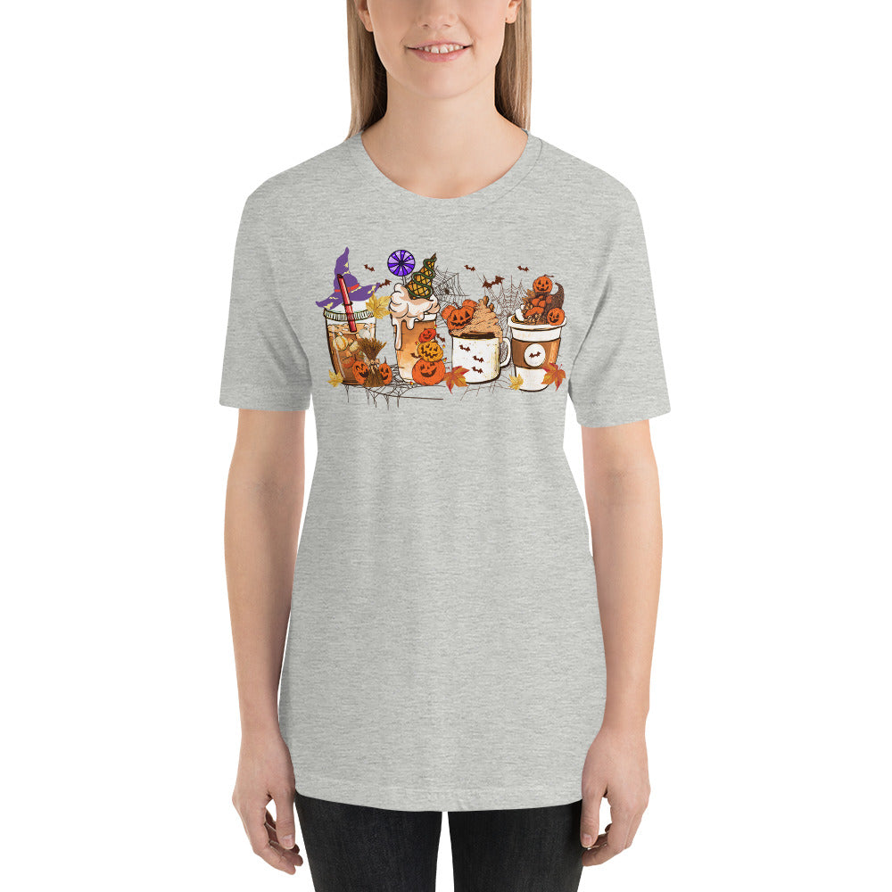 Pumpkin Coffee and Lattes Witches and Bats Halloween Vibes Unisex t-shirt