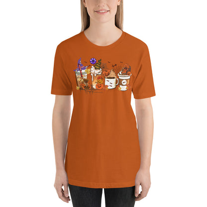 Pumpkin Coffee and Lattes Witches and Bats Halloween Vibes Unisex t-shirt